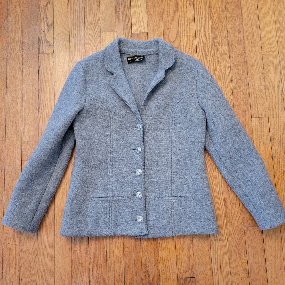 Geiger Tyrol Austria L Boiled Wool Blazer Jacket Grey Button Up EU44 Preppy Twee
